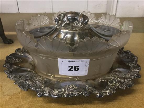 Victorian frosted glass butter tub with plated lid and stand(-)